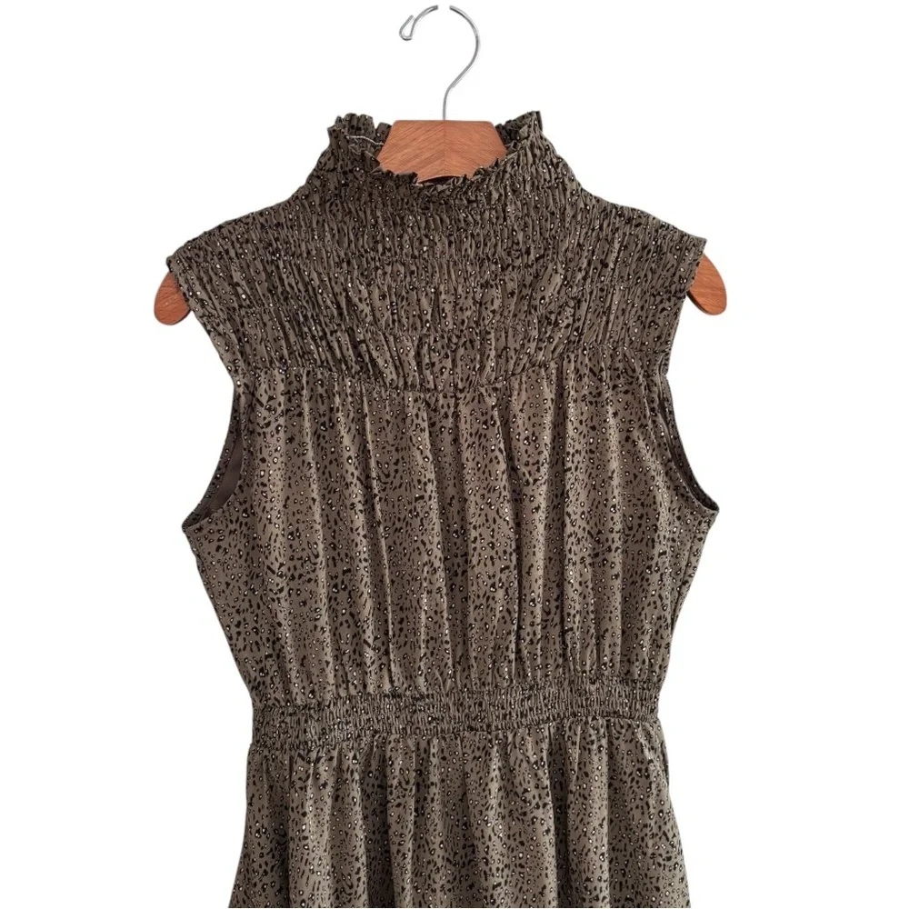 THML Printed Sleeveless Midi Dress S High Smocked Neck Olive